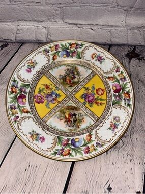 Schumann Royal Bavarian Dresden Art Panels Yellow 10” Plate Flowers Dresden